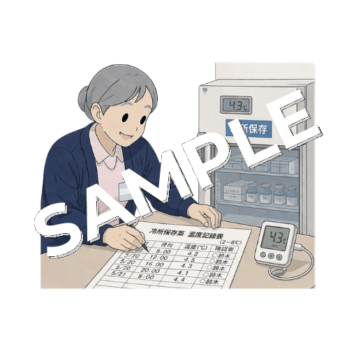 冷所保存薬の温度記録表に記入するベテラン女性看護師のイラスト