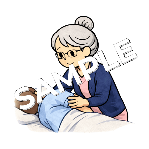 患者の体位変換を行うベテラン女性看護師のイラスト