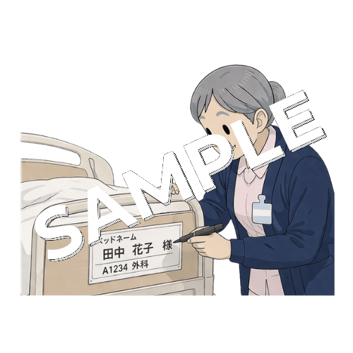患者のベッドネームを書き換えるベテラン女性看護師のイラスト