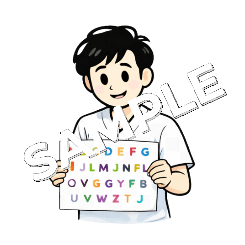 アルファベット表を見せる男性言語聴覚士のイラスト