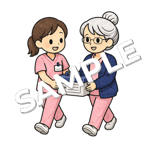 看護助手と一緒に検体を検査室に運ぶベテラン女性看護師のイラスト