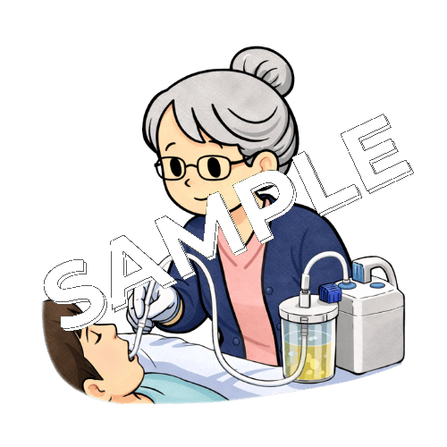 患者の痰吸引をするベテラン女性看護師のイラスト