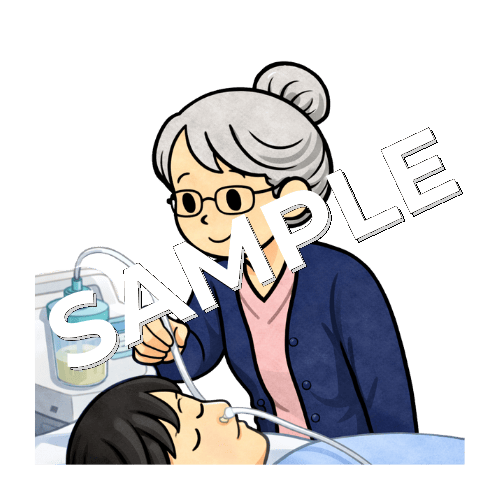 鼻吸引チューブで吸引するベテラン女性看護師のイラスト