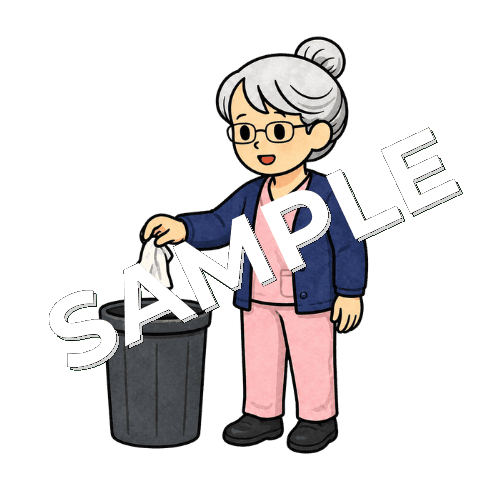 ゴミ箱にティッシュを捨てるベテラン女性看護師のイラスト