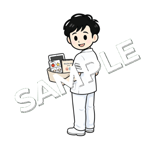リハビリ物品を持って振り返る男性言語聴覚士のイラスト