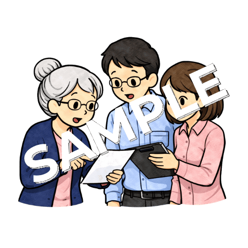 資料を使って2人で話し合うベテラン女性看護師のイラスト