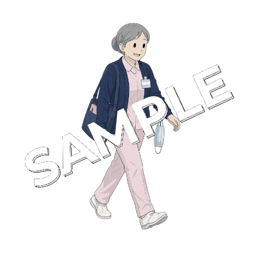 腕マスクをして歩くベテラン女性看護師のイラスト