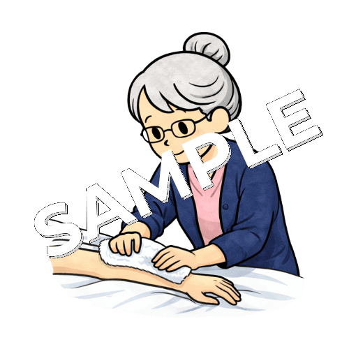 清拭タオルで患者の身体を拭くベテラン女性看護師のイラスト