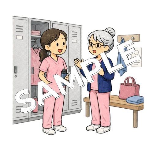 更衣室で同僚と話すベテラン女性看護師のイラスト