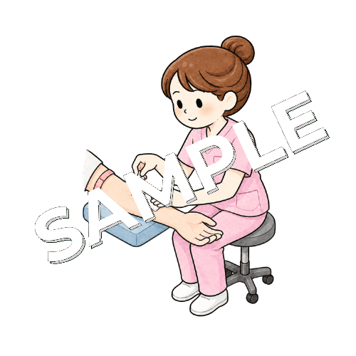 患者の腕からサーフローを抜去する女性看護師のイラスト