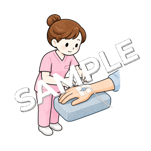 患者の手にテープで点滴を固定する女性看護師のイラスト