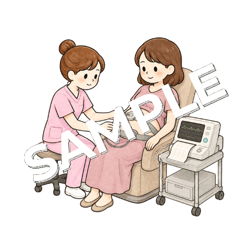 妊婦にNSTモニターを装着する女性看護師のイラスト