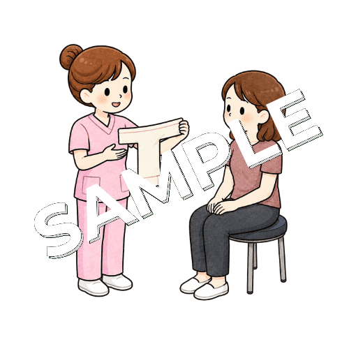 患者にT字帯の着け方を説明する女性看護師のイラスト