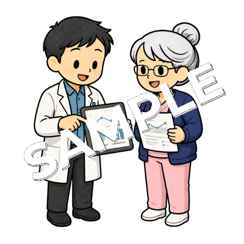 薬剤師とTDM（薬物血中濃度モニタリング）の結果を確認するベテラン女性看護師のイラスト