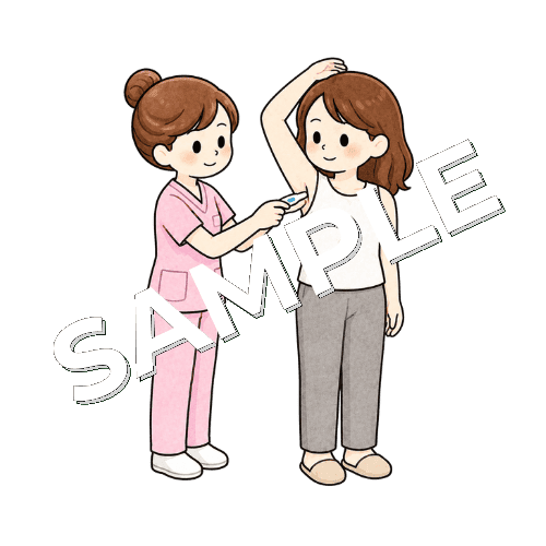 患者の脇に体温計を挟む女性看護師のイラスト
