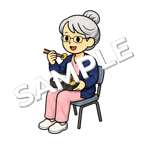 お弁当を食べるベテラン女性看護師のイラスト