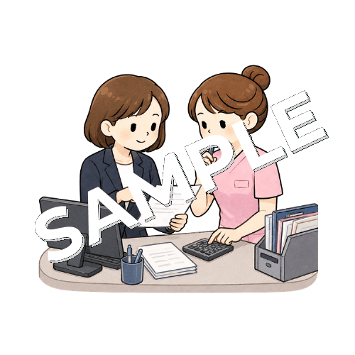 医療事務と診療報酬の算定について確認する女性看護師のイラスト