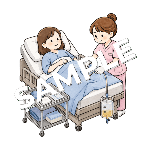 患者の膀胱留置カテーテルを挿入する女性看護師のイラスト