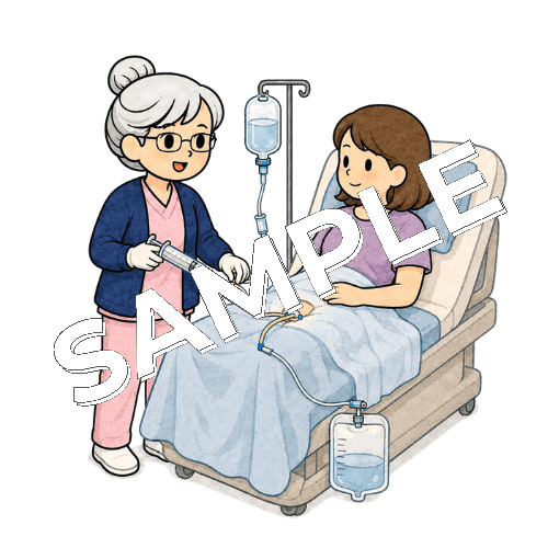 泌尿器科で膀胱洗浄を実施するベテラン女性看護師のイラスト