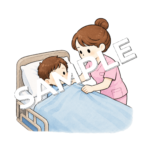 ベッドに寝ている小児患者の毛布を肩までかける女性看護師のイラスト
