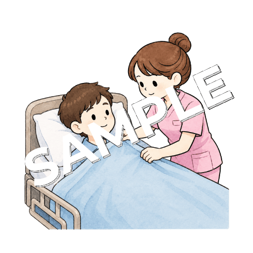 ベッドに寝ている若者男性患者の毛布を肩までかける女性看護師のイラスト