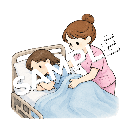 ベッドに寝ている若者女性患者の体を横向きにする女性看護師のイラスト