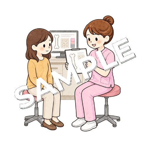 若者女性患者に骨密度検査の説明をする女性看護師のイラスト