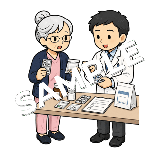 男性薬剤師と病棟で持参薬の鑑別をするベテラン女性看護師のイラスト