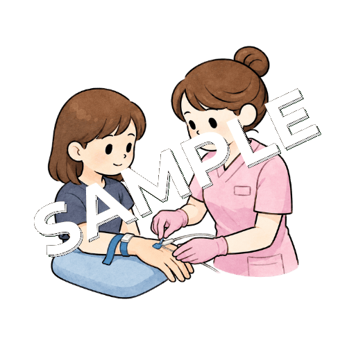 翼状針を患者の手背に刺入する女性看護師のイラスト
