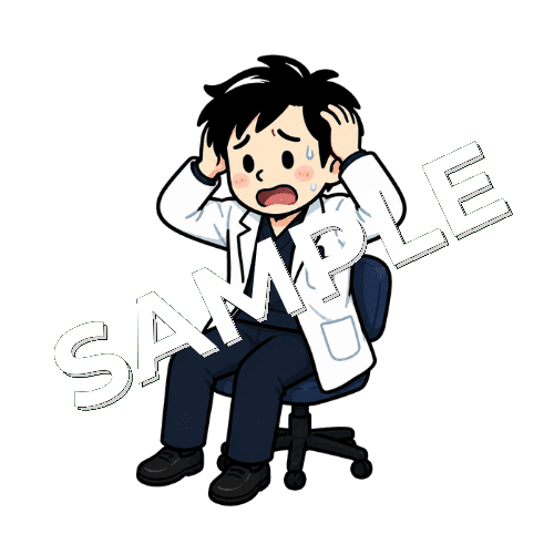 椅子に座って慌てる男性薬剤師のイラスト