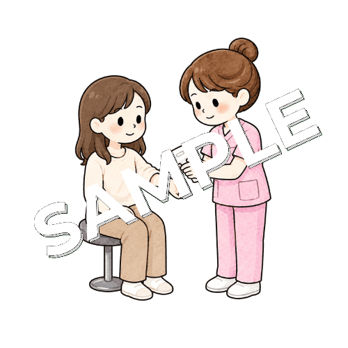 若者女性患者の手首に体温計を当てる女性看護師のイラスト