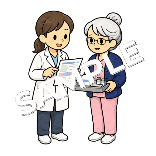 女性薬剤師と抗がん剤のレジメンを確認するベテラン女性看護師のイラスト