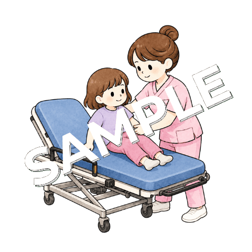 小児患者を担架に乗せる女性看護師のイラスト