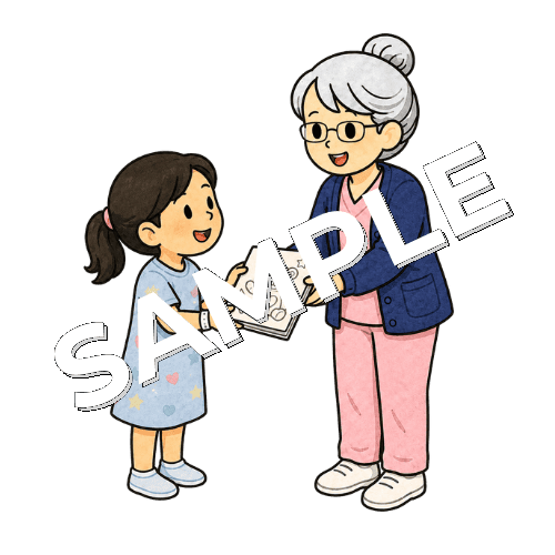 小児患者に塗り絵を渡すベテラン女性看護師のイラスト