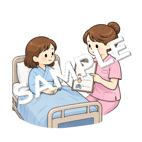 造影剤の副作用について患者に説明する女性看護師のイラスト