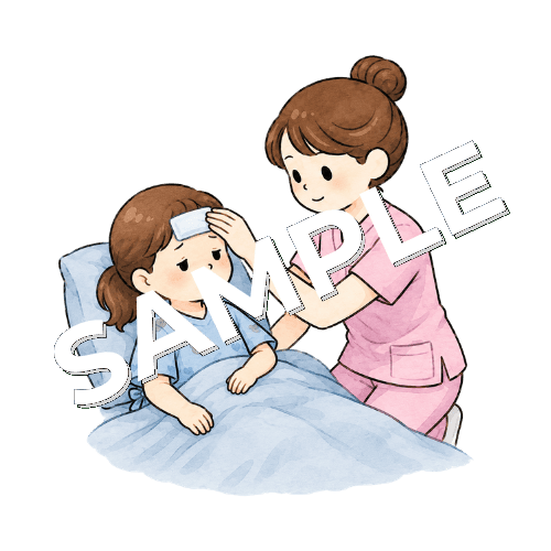 小児患者の額に冷却シートを貼る女性看護師のイラスト