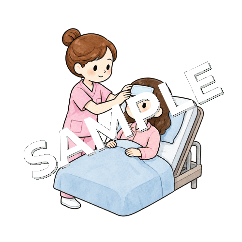 患者の額に冷却シートを貼る女性看護師のイラスト