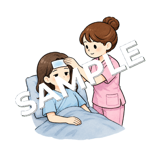 若者女性患者の額に冷却シートを貼る女性看護師のイラスト