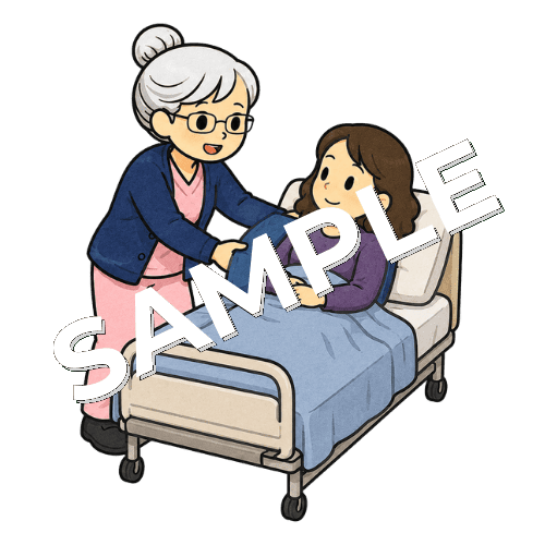 ベッドに寝いている患者の背中にクッションを入れるベテラン女性看護師のイラスト