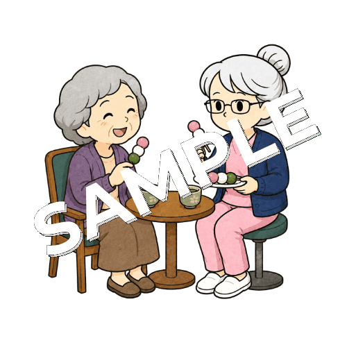 患者と団子を食べるベテラン女性看護師のイラスト