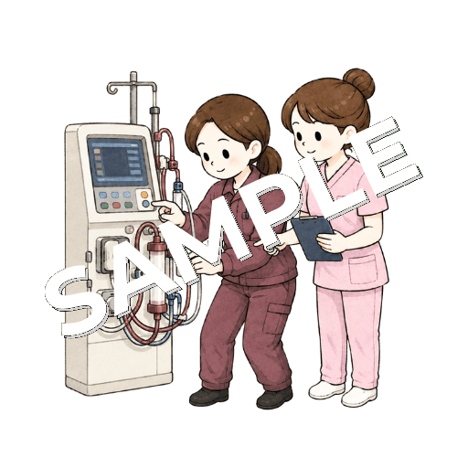 臨床工学技士と透析装置のトラブル対応をする女性看護師のイラスト