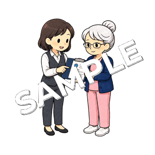 医療事務と資料の確認をするベテラン女性看護師のイラスト