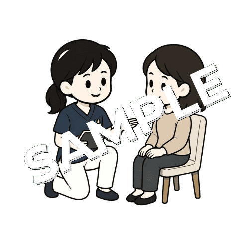 片膝をついてカウンセリングしている女性鍼灸師のイラスト