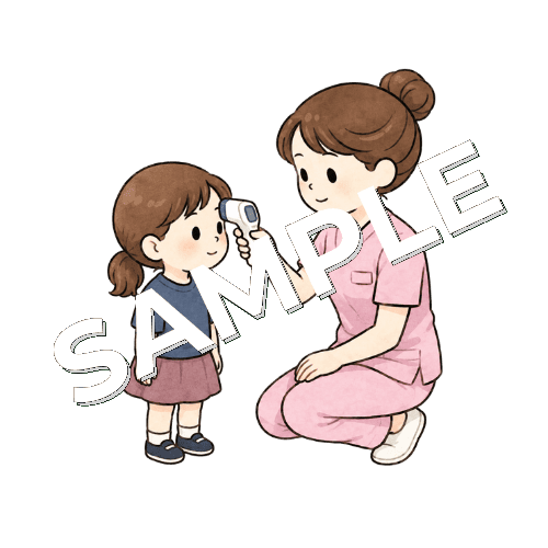 小児患者のおでこに体温計を当てる女性看護師のイラスト