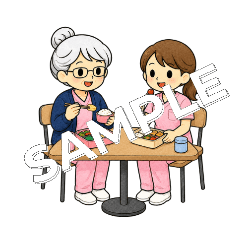 2人で昼食を食べるベテラン女性看護師のイラスト