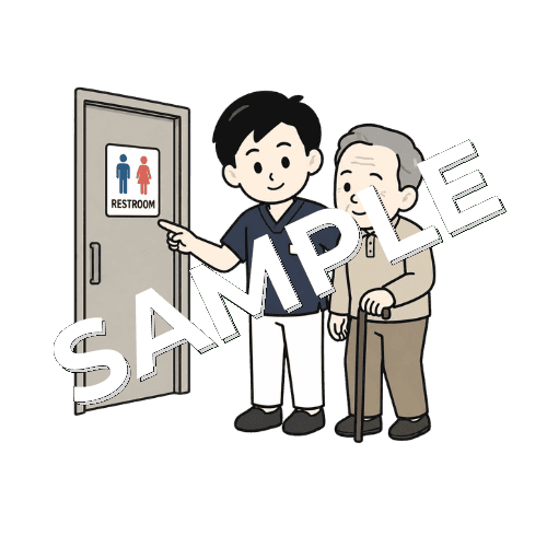 高齢男性患者にトイレの場所を案内する男性鍼灸師のイラスト