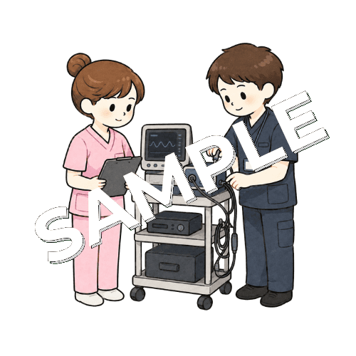 臨床工学技士と医療機器の定期点検をする女性看護師のイラスト