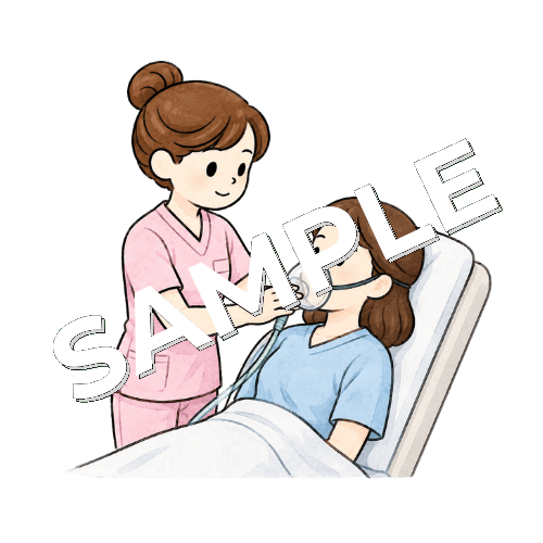 患者にフェイスマスク型の酸素マスクを当てる女性看護師のイラスト
