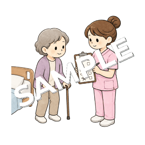 患者の転倒リスクをアセスメントシートで評価する女性看護師のイラスト
