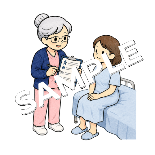 患者の転倒リスクをアセスメントシートで評価するベテラン女性看護師のイラスト